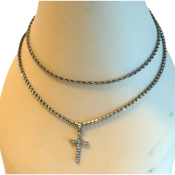 Women's Layered Double Strand Crystal Cross Necklace Religious Statement 19" - Picture 5 of 5